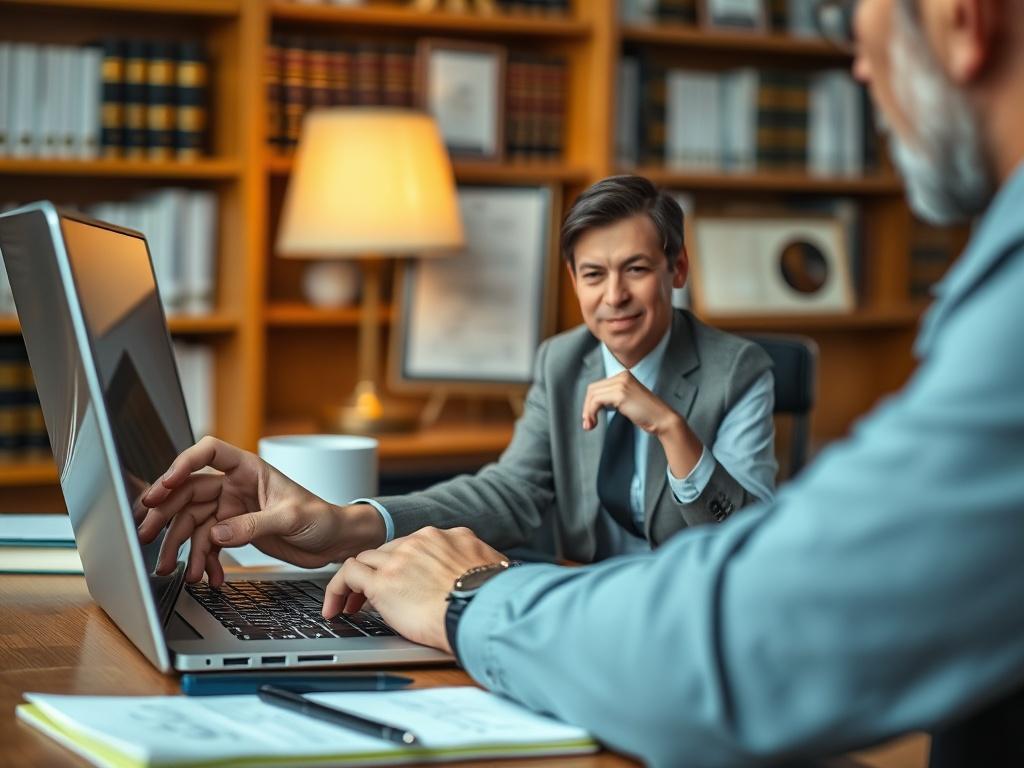 A close-up of an attorney engaging in a video call, discussing a case audit with a client on a laptop screen. The setting should convey a serious yet approachable atmosphere, with legal books and a notepad visible in the background to enhance the professional feel.