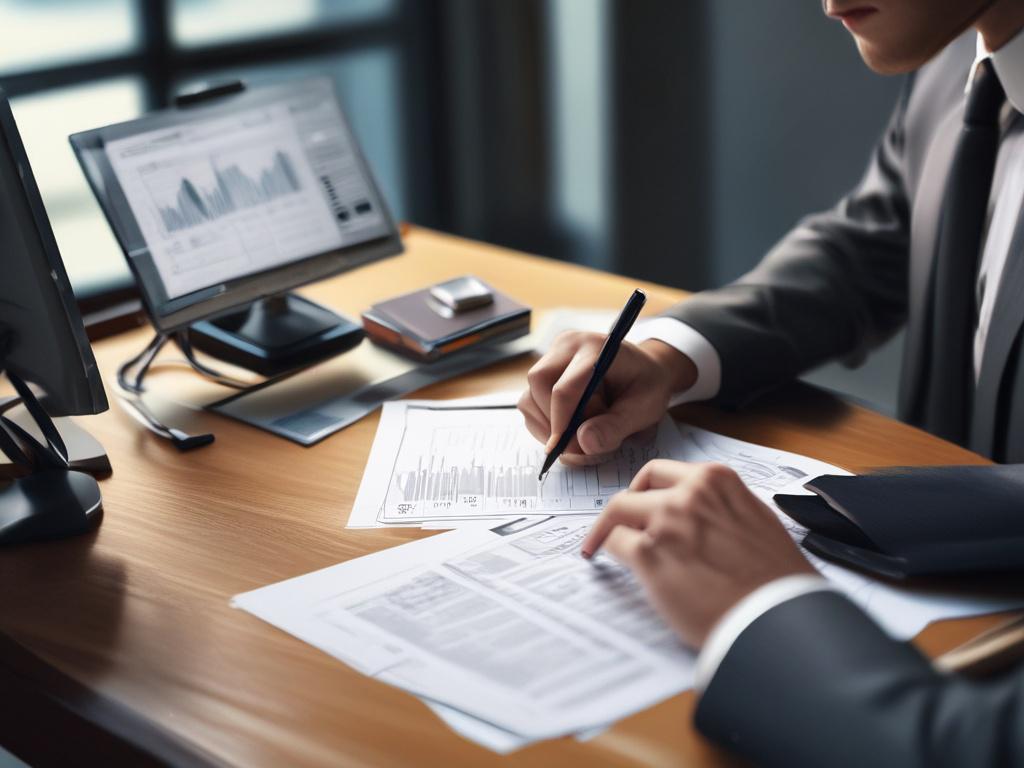 An attorney sitting at a minimalist desk, reviewing a digital report on a tablet. The screen displays a clear summary of findings with highlighted sections. The attorney looks engaged and focused, surrounded by law books and a stylish lamp, creating a professional workspace ambiance.