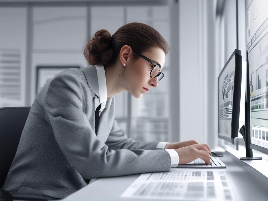 A close-up shot of a legal professional looking at a computer screen displaying complex data and documents. The background features subtle white and light gray architectural lines, symbolizing clarity and structure in a busy workspace. The image is rendered in hyper-realistic style, with a focus on the legal professional's expression of concentration and insight.