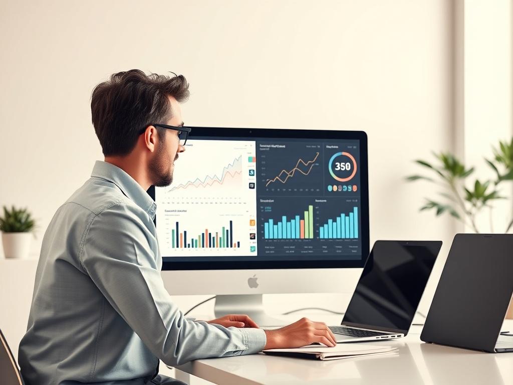 An SEO specialist analyzing website data on a computer screen,