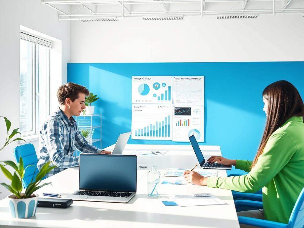 A vibrant workspace with a marketing team collaborating over a