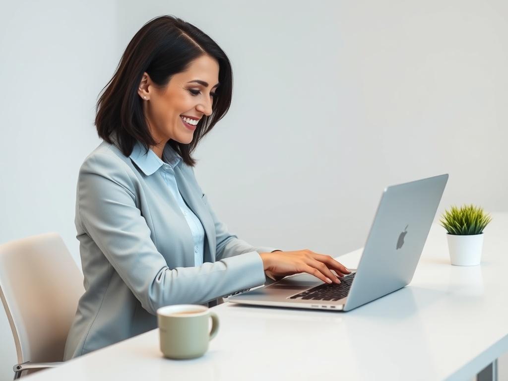 Create a highly realistic, high-resolution image that captures the essence of the blog titled "The Importance of SEO for Your Business." The composition should be simple and clear, featuring a focused subject that embodies the concept of SEO in a business context.

**Subject Matter:** The image should center around a professional-looking woman in her 30s, sitting at a sleek, modern desk with a laptop open in front of her. She should appear engaged and focused, smiling as she analyzes website analytics on he