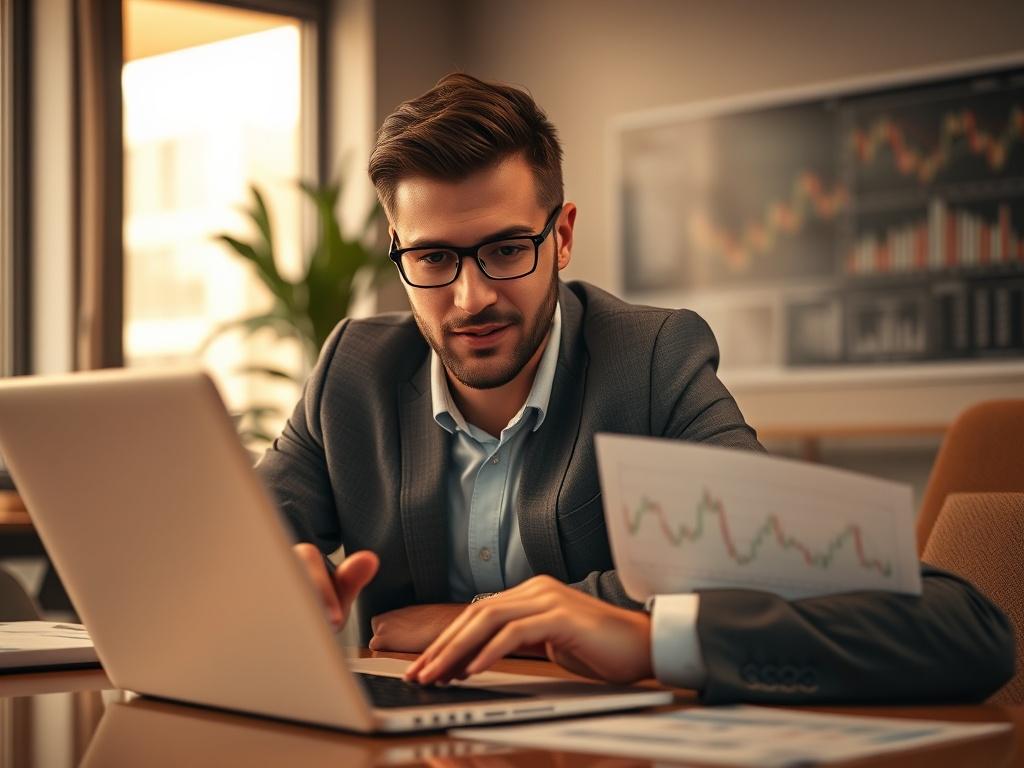 A close up shot of a confident financial advisor analyzing