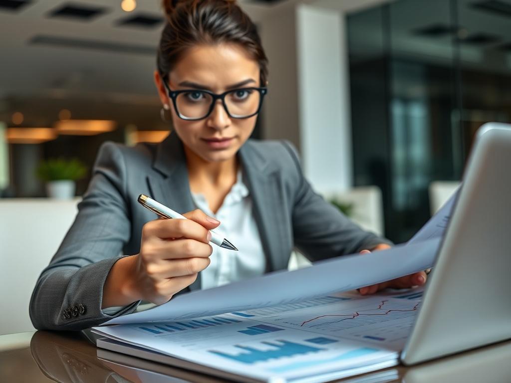 A close-up shot of a confident business professional reviewing documents related to a company purchase. The background is a sleek, modern office space, softly blurred to emphasize the subject. The professional is focused, with a pen in hand, and a laptop open beside them, showcasing graphs and financial data. The image should reflect a sense of professionalism and determination, with a color palette that complements the primary color #062767.