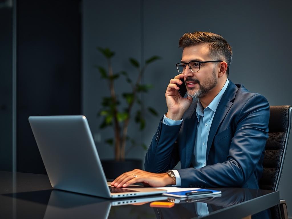 A professional consultant sitting at a sleek desk with a