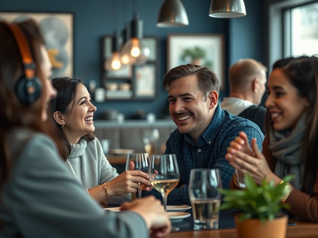 A close up image of customers happily interacting in a