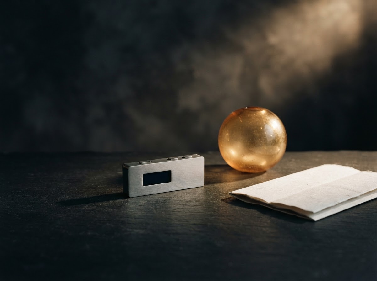 A compact hardware wallet beside an amber glass orb on a dark surface