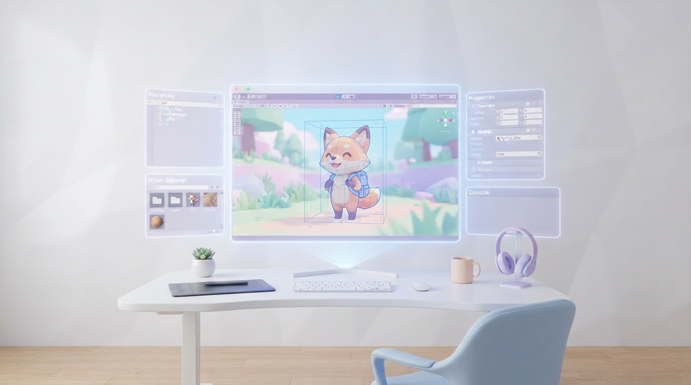 Espace de travail 3D holographique avec viewport de moteur de jeu