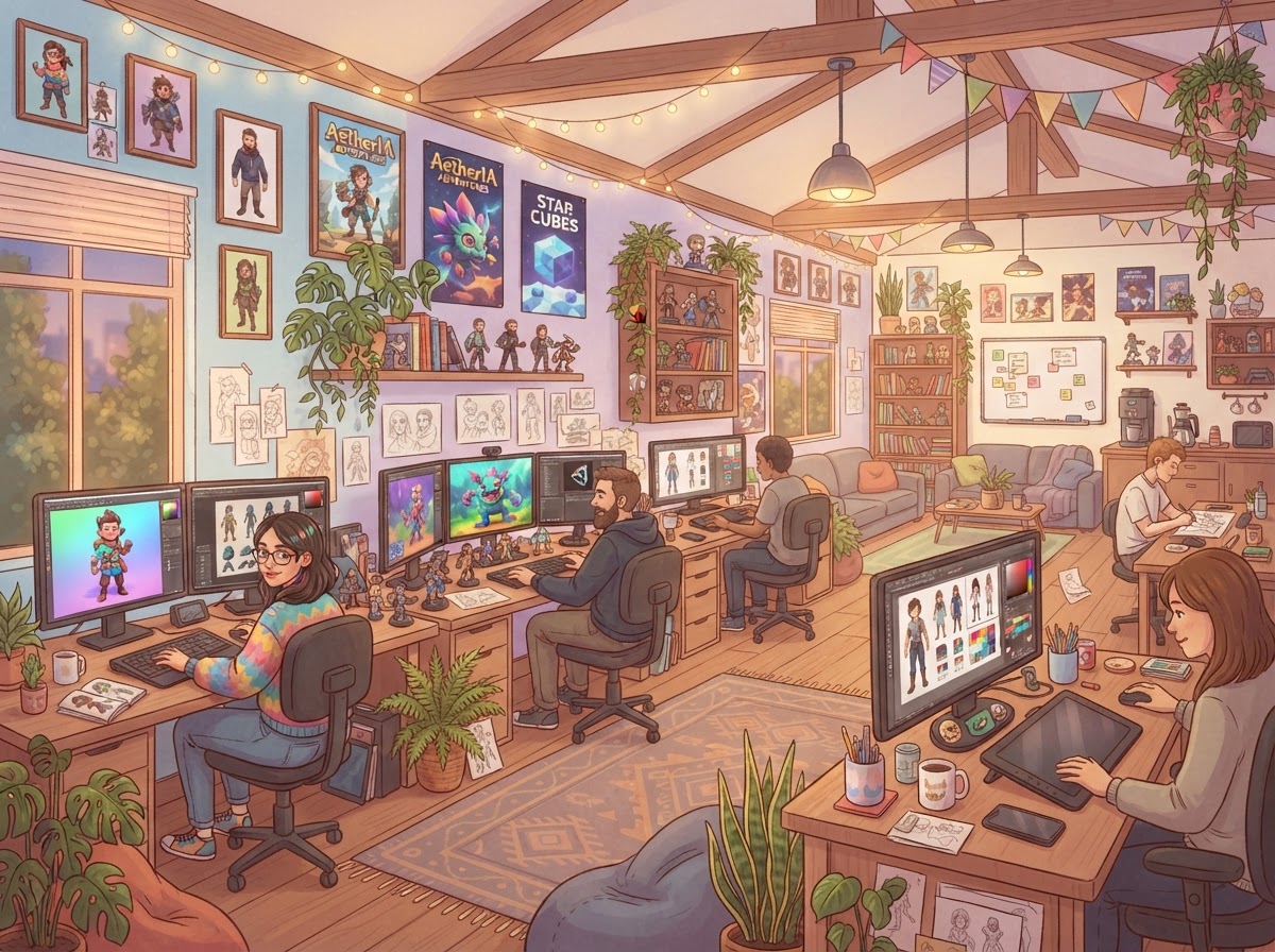 Intérieur chaleureux du studio de création Stellar Spire Games Studio