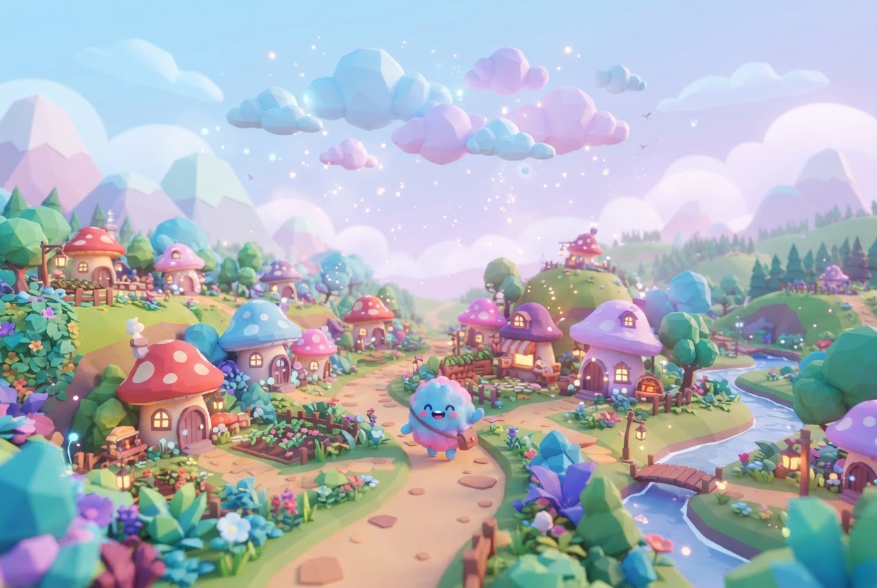 Scène de jeu 3D féérique pastel avec maisons champignons et personnage mignon