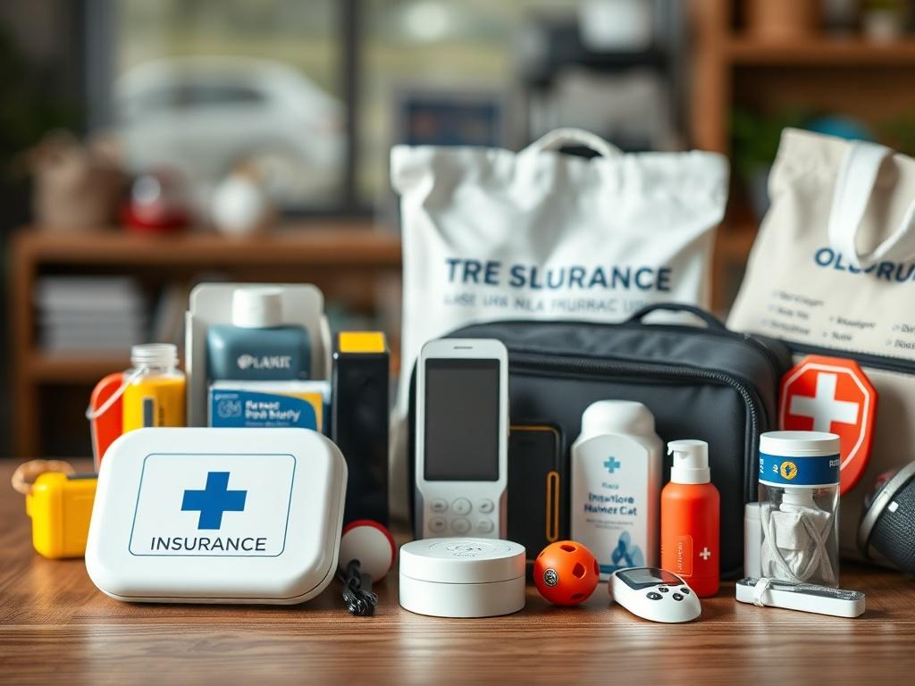 A close up shot of various insurance related physical products