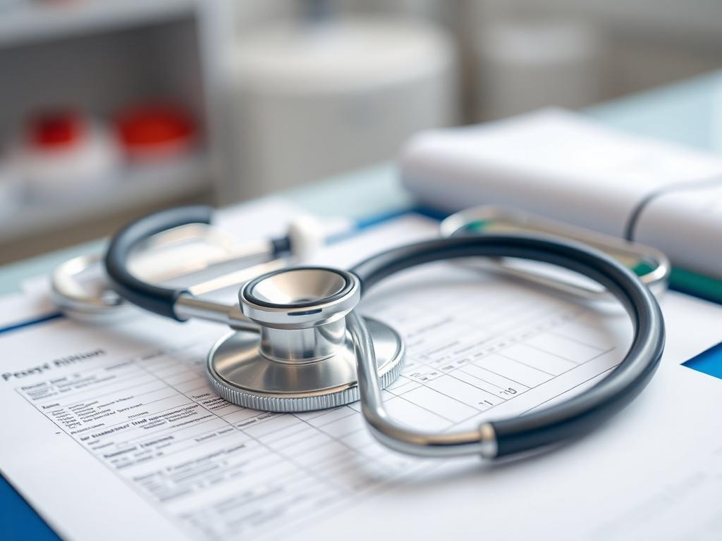 A close up of a stethoscope resting on a doctor's