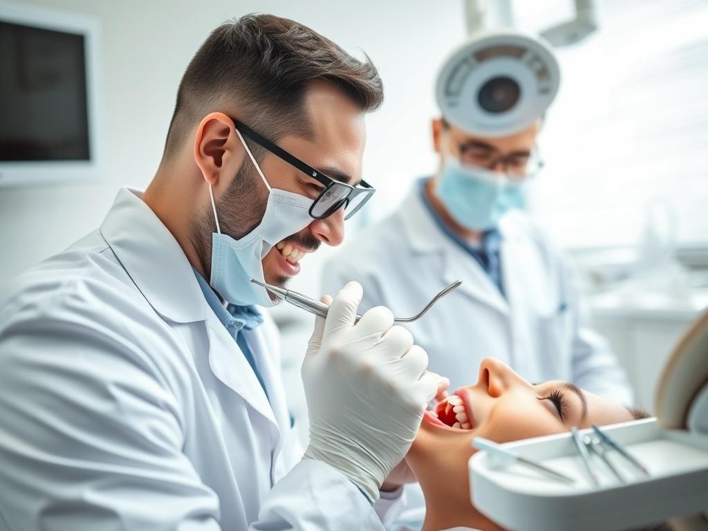 A close-up shot of a dental professional in a bright, modern dental office. The dentist is wearing a white lab coat and gloves, actively examining a patient's teeth with a dental mirror. The background includes dental tools neatly arranged on a tray and a dental chair, emphasizing a clean and professional environment. The lighting is bright and inviting, highlighting the dentist's focused expression and the patient's relaxed demeanor.