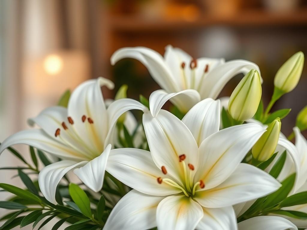 A close-up shot of a serene setting featuring a beautifully arranged bouquet of white lilies and soft green foliage, symbolizing peace and tranquility. The background is softly blurred, highlighting the bouquet's elegant details. The lighting is warm and inviting, reflecting a sense of calm and assurance, with a focus on the vibrant colors of the flowers, captured with a 45mm f/1.2 lens.
