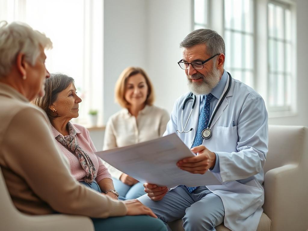 A close-up shot of a healthcare professional discussing a treatment plan with patients and their family members in a bright, modern consultation room. The focus is on the interaction between the doctor and the patients, showcasing a collaborative atmosphere. The background is softly blurred, emphasizing the human connection and trust-building in a healthcare setting. The lighting is warm and inviting, reflecting a sense of care and professionalism.