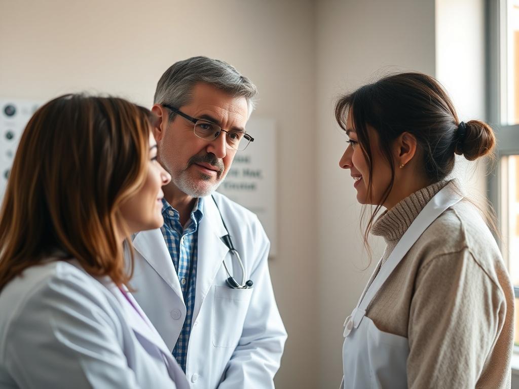 A hyper-realistic close-up shot of a healthcare professional engaging in a discussion with a patient in a bright, modern clinic. The professional is wearing a white coat, and the patient is looking attentive and reassured. The background features soft, natural lighting, with elements like medical charts and a comforting environment, emphasizing trust and collaboration.