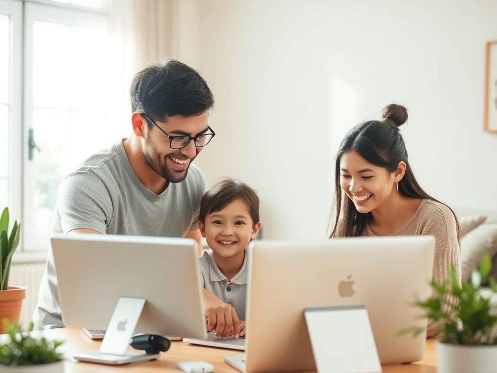 An engaging image of a family gathered around a computer,