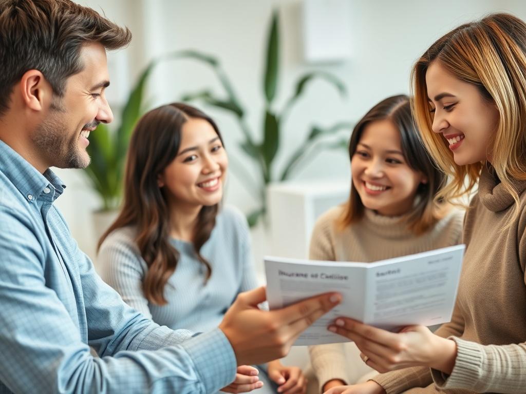 A close up shot of a family smiling and discussing