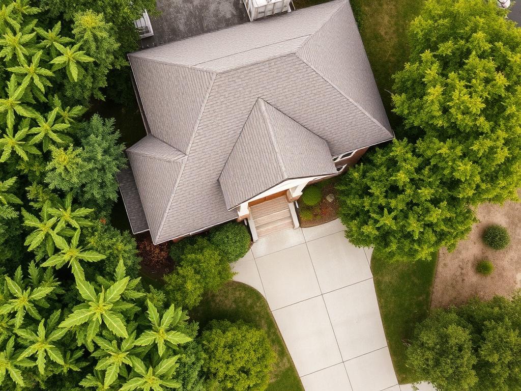 An aerial view of a beautiful home surrounded by lush