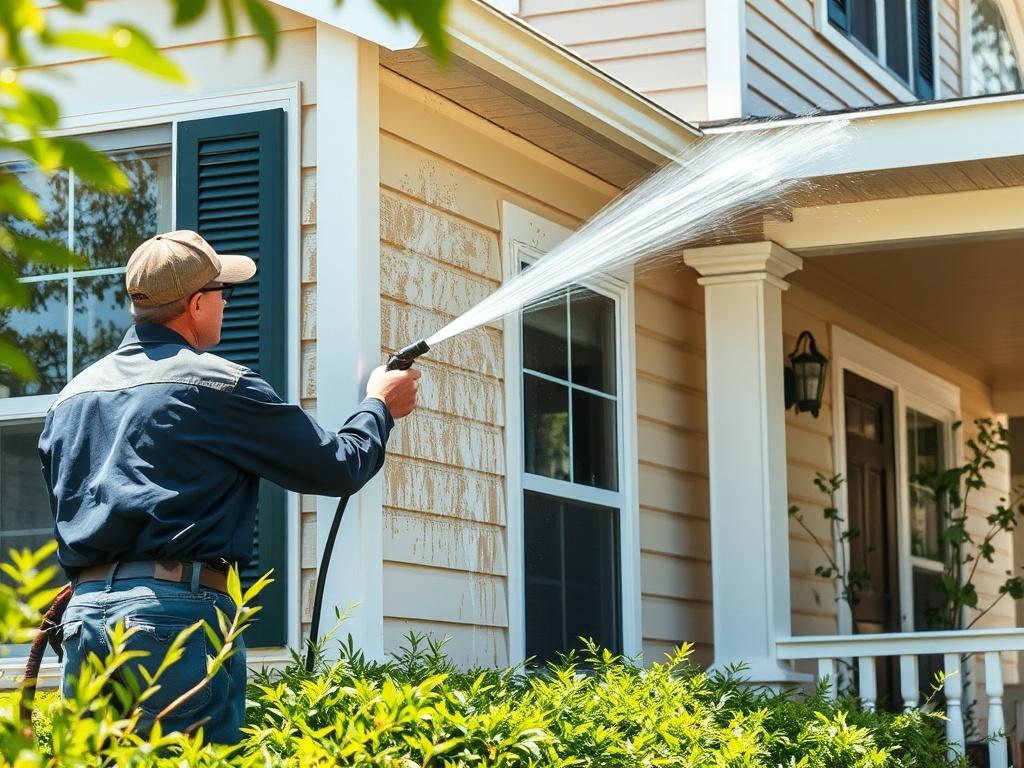 An image showing a technician applying soft washing to the side of a house, with a gentle spray and visible dirt and algae being washed away. The setting is sunny, with greenery surrounding the home, showcasing a clean and vibrant environment.