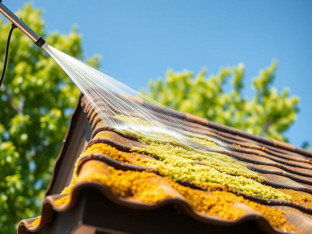 A close-up shot of a roof being cleaned with a soft washing technique, showing the gentle spray of water removing algae. The background features a clear blue sky and lush green trees, emphasizing the clean and green approach of the service.