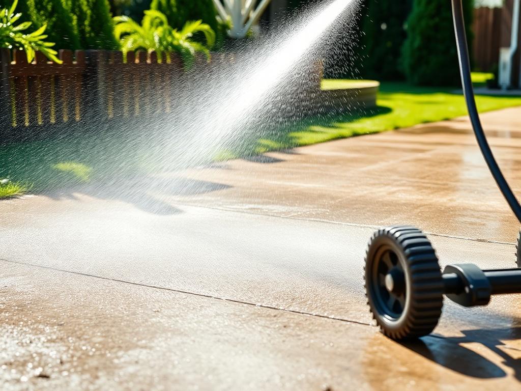 A realistic high-resolution photo showcasing a driveway being pressure washed. The scene should feature a pressure washing machine in action, with water spraying off dirt and grime from a concrete driveway. The background should be a residential yard with green grass and trees, creating a clean and vibrant atmosphere. The focus is on the driveway, highlighting the contrast between the clean and dirty areas. The composition should be simple and clear, capturing the effectiveness of the pressure washing proce