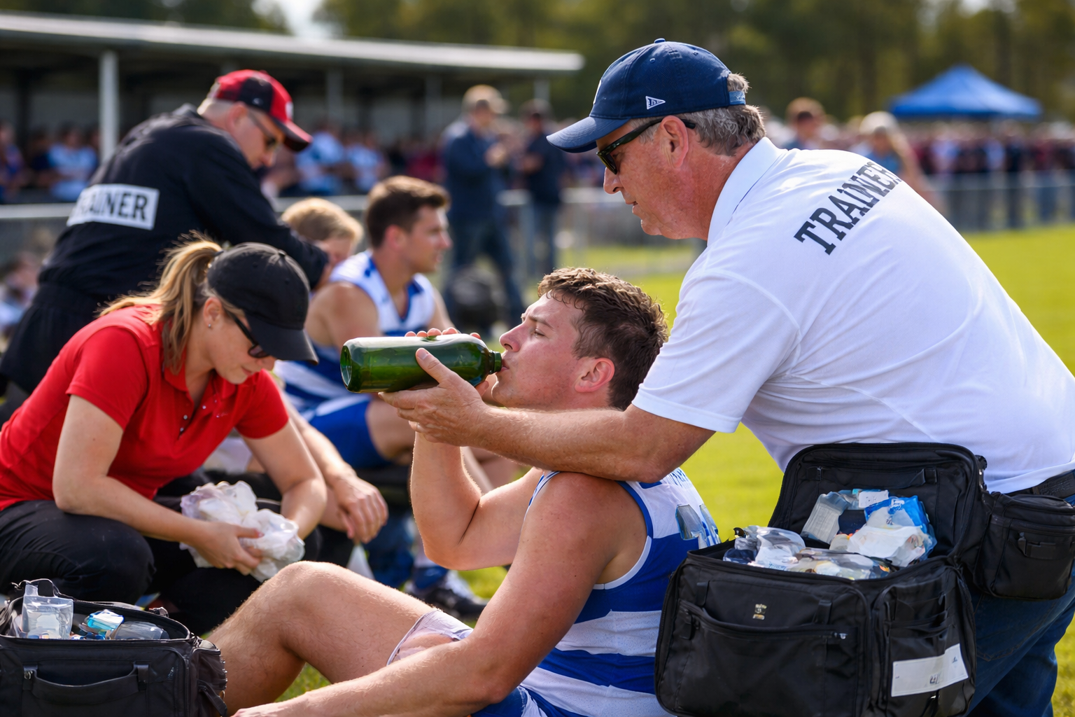 Sports trainers in action on the field