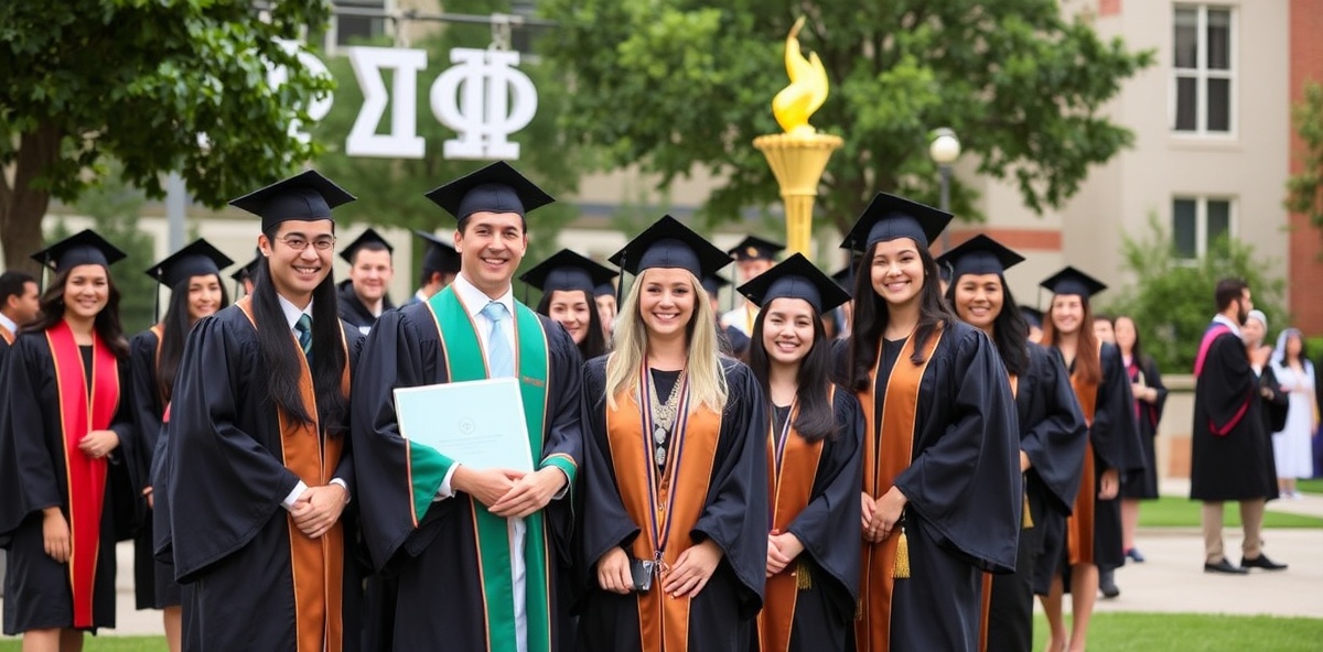 College students in academic regalia celebrating achievement on campus