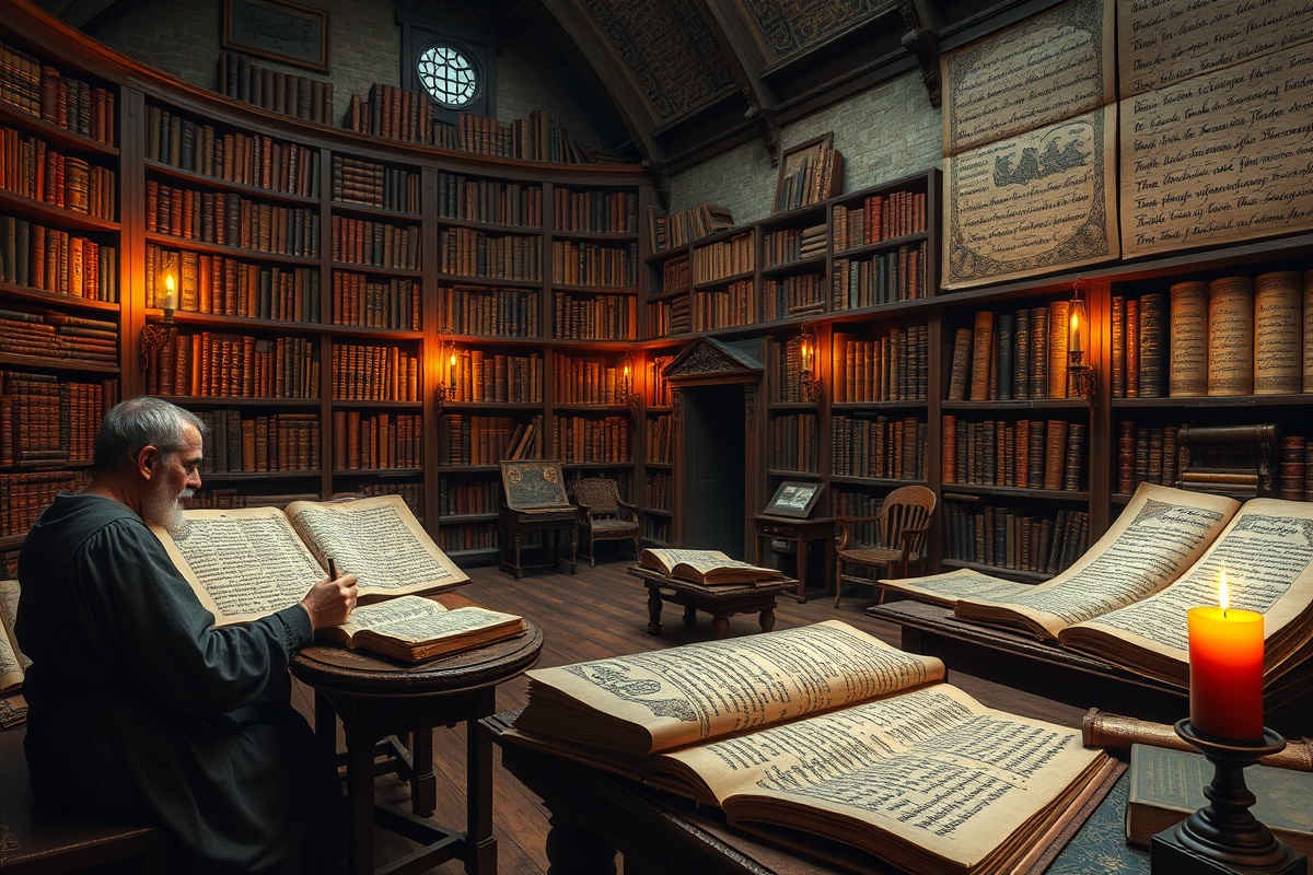 Ancient library with illuminated manuscripts and scrolls