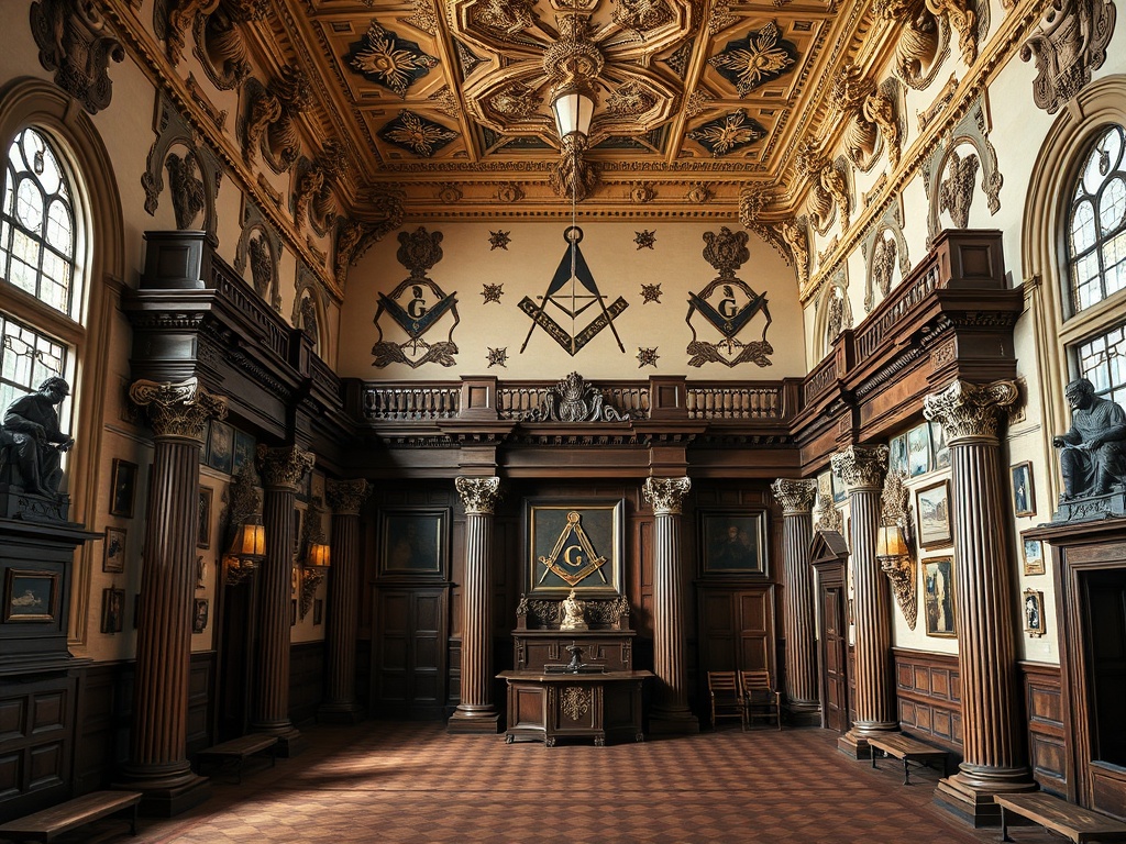 Historical Masonic lodge hall with ornate decorative elements and symbolism