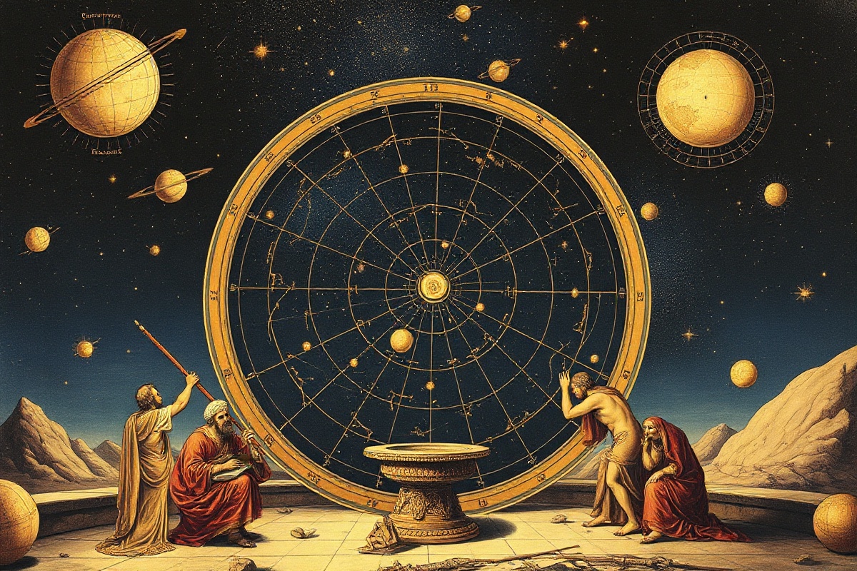 Ancient astronomers observing celestial spheres and stars