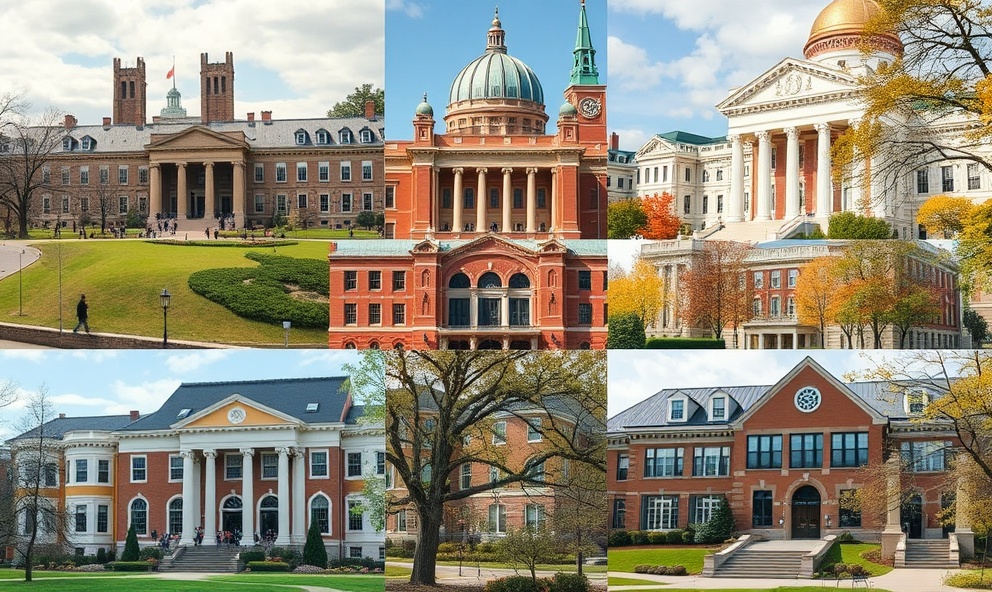 College campus scenes showing diverse prestigious universities including Michigan, Columbia, Wisconsin, and Northwestern