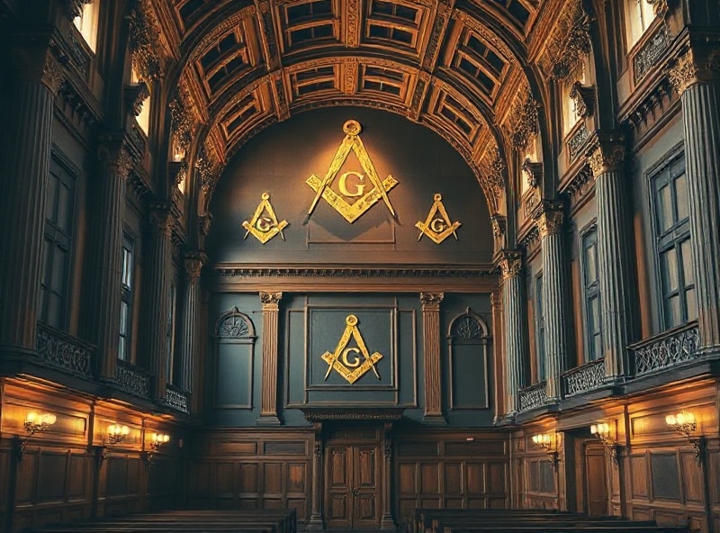 Historic Masonic lodge interior with ornate architectural details and masonic symbols