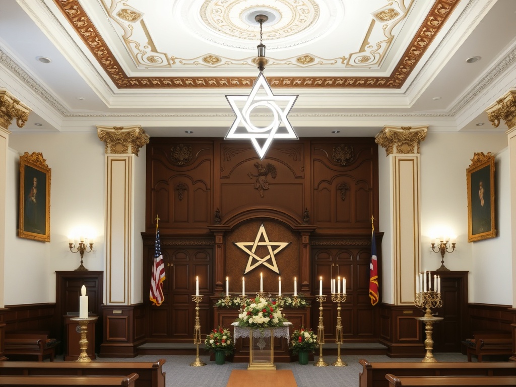 Elegant Order of the Eastern Star ceremonial hall with five-pointed star symbol and ornate decorations