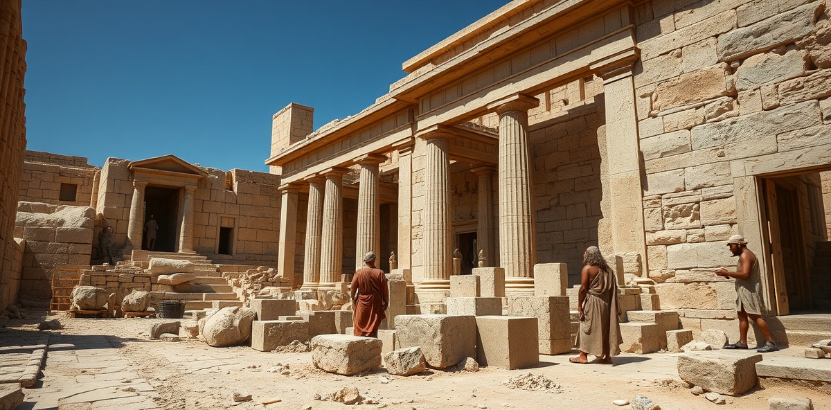 Temple of Solomon construction with stonemasons marking completed stones