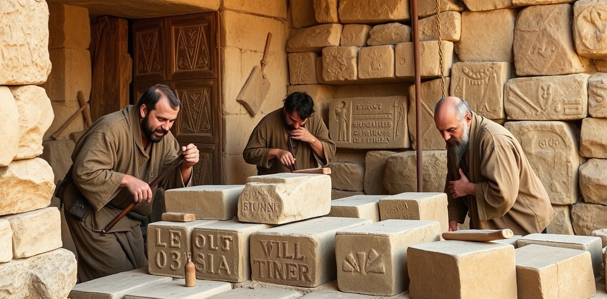 Ancient stonemasons building temple, carving personal marks on stones