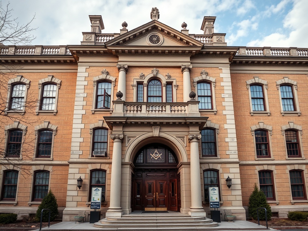 Grand historic Pennsylvania masonic academy building with elegant architecture and masonic symbols