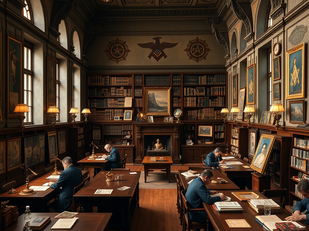 Interior of Pennsylvania masonic academy with scholars studying at tables and masonic artifacts on display