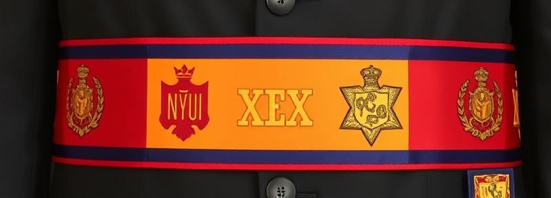 Formal ceremonial sash in deep colors with embroidered symbols, fraternal organization regalia