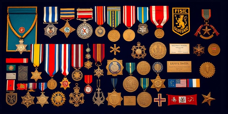 Traditional military medals, insignia, and decorations arranged on navy background, fraternal lodge emblems