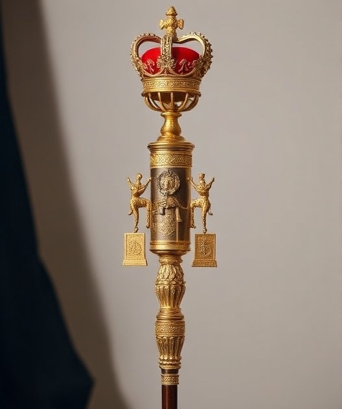 Ornate ceremonial staff with crown top and symbols, fraternal regalia