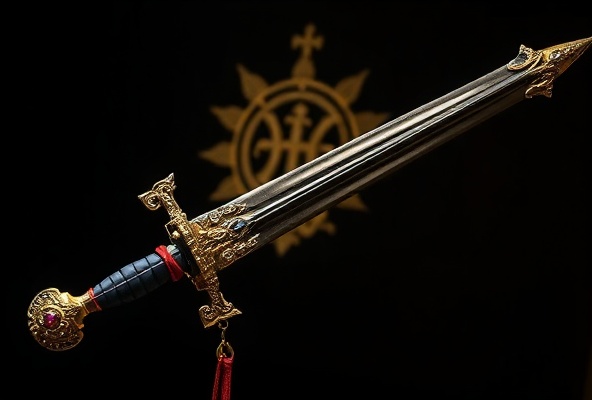 Ornate ceremonial sword with decorative hilt and jeweled scabbard, Encampment regalia symbol