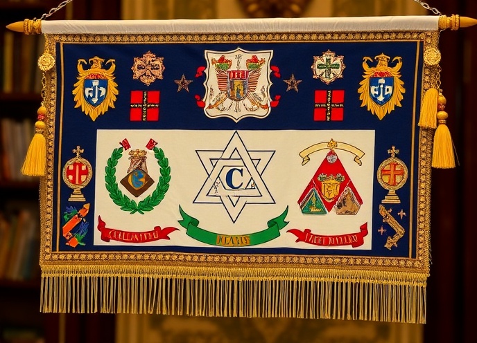 Ceremonial banner with heraldic symbols and fraternal emblems, ornate tassels