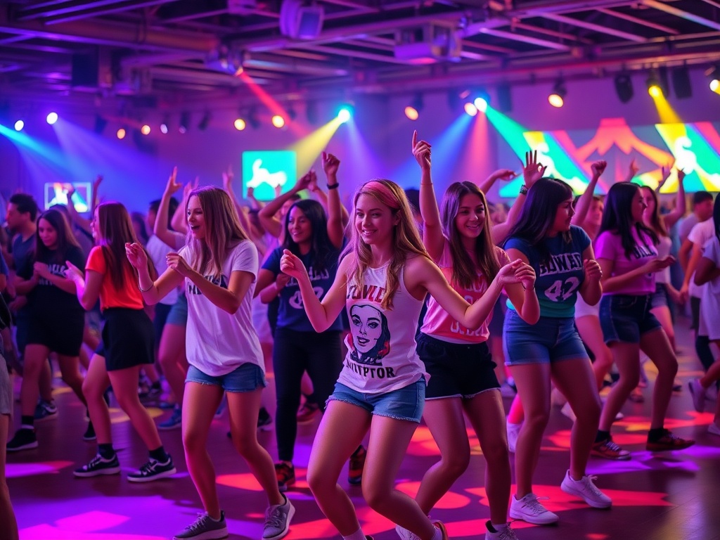 Students dancing together energetically at the 46-hour THON dance marathon event