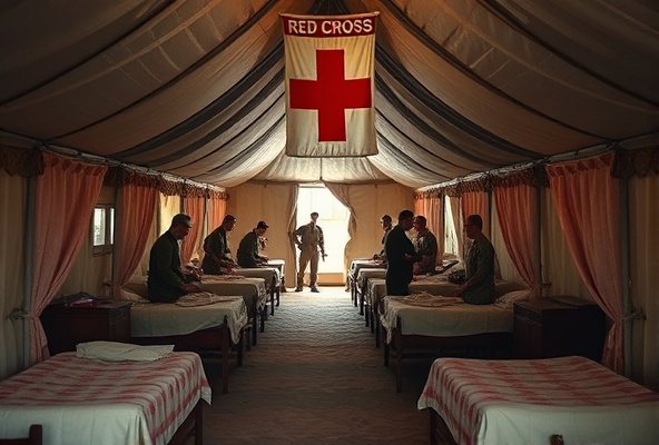 World War era Red Cross field hospital with medical personnel treating wounded soldiers during WWI and WWII