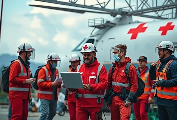 Modern Red Cross operations with diverse humanitarian workers and volunteers responding to disaster relief and humanitarian crises