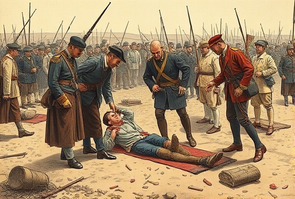 Henry Dunant providing aid to wounded soldiers at the Battle of Solferino in 1859