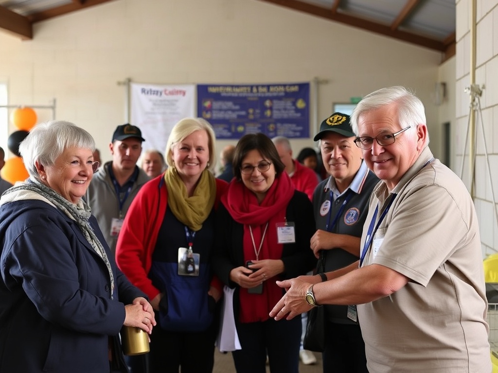 Rotary International members engaged in community service projects, volunteer work, and charitable activities in a global context