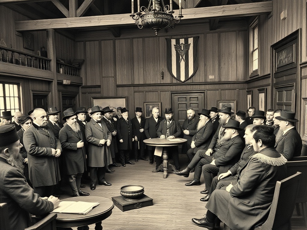 Industrial era fraternal organization meeting hall with charitable relief efforts