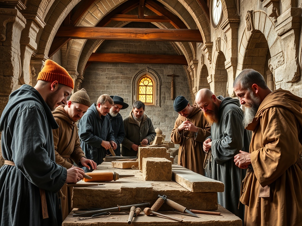 Medieval craft guilds of stonecutters and artisans working on cathedral construction
